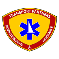 logo transport partners sur fond jaune avec une croix bleue au six branches et le jet d'eau écriture: mobilité réduite, assistance,